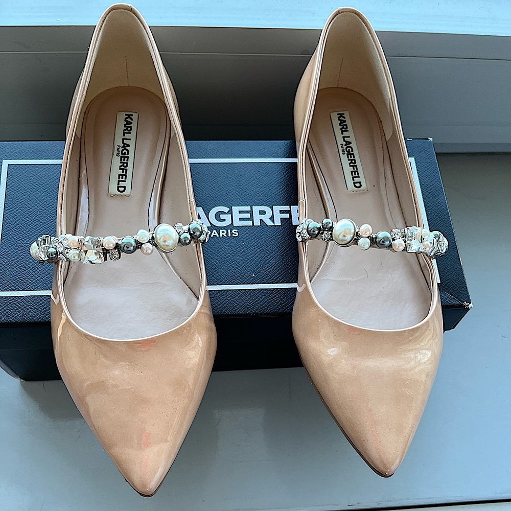 NOEL EMBELLISHED PATENT LEATHER FLATS IN ALMOND with RHINESTONES